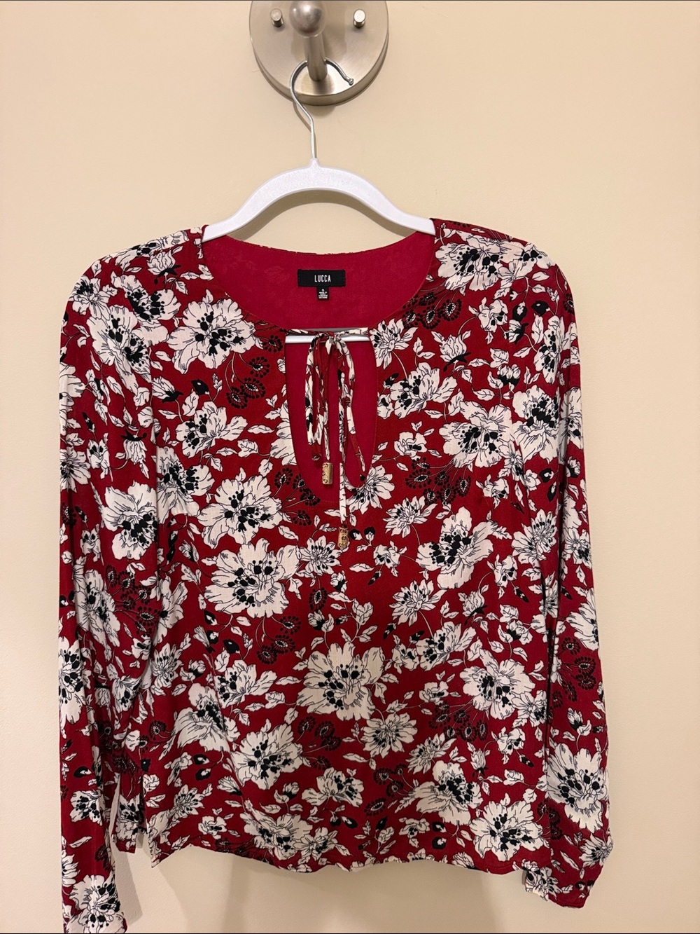 Lucca Couture Red Floral Tie-Front Long Sleeve Blouse